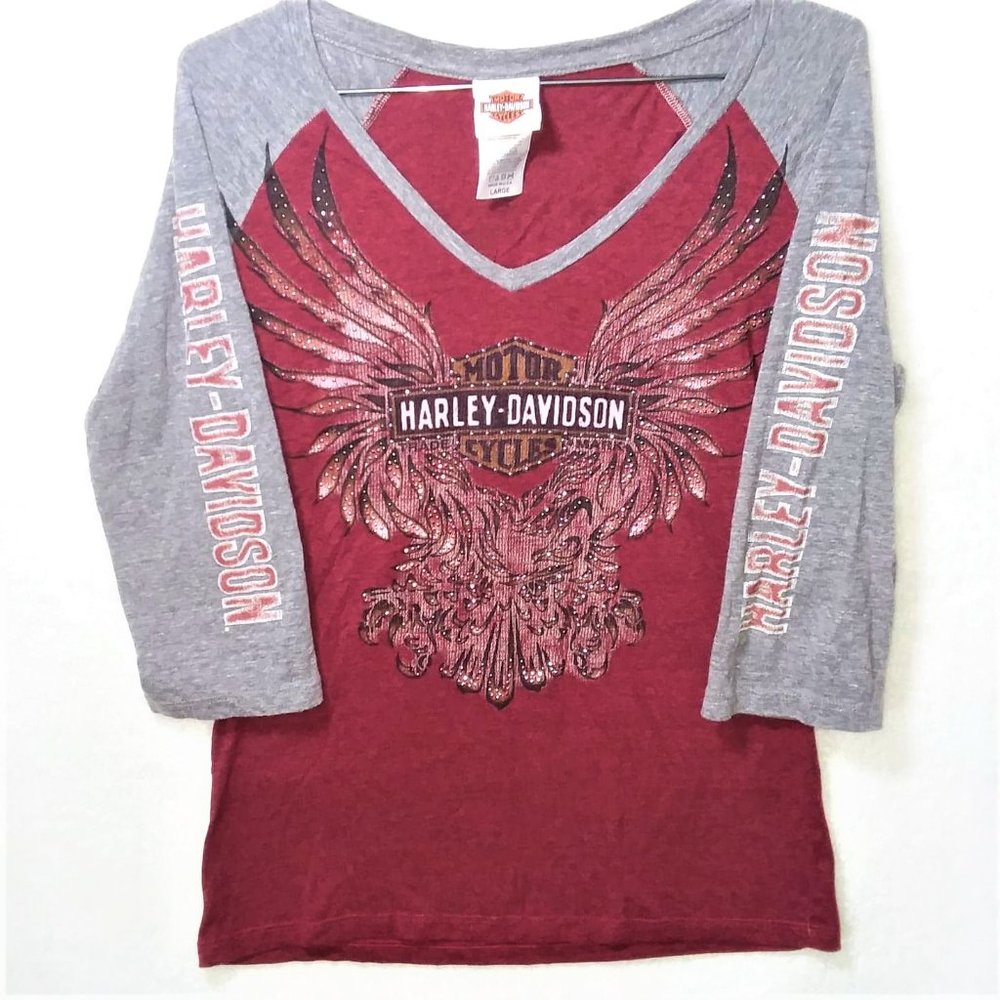 HARLEY DAVIDSON Rhinestone Embellished Front Graphic  V-Neck Tee Shirt